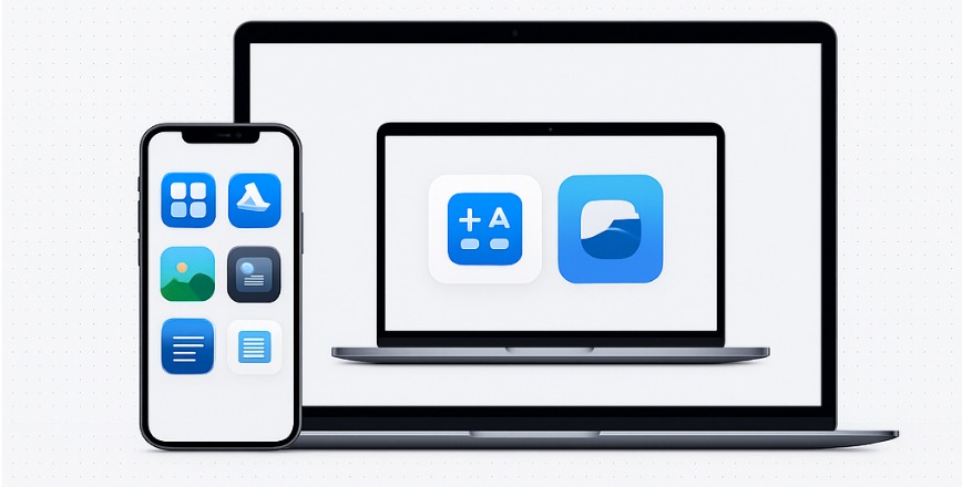 Device mockups showing apps